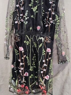 Embroidered Floral Midi Dress - Black with Pink & Green
